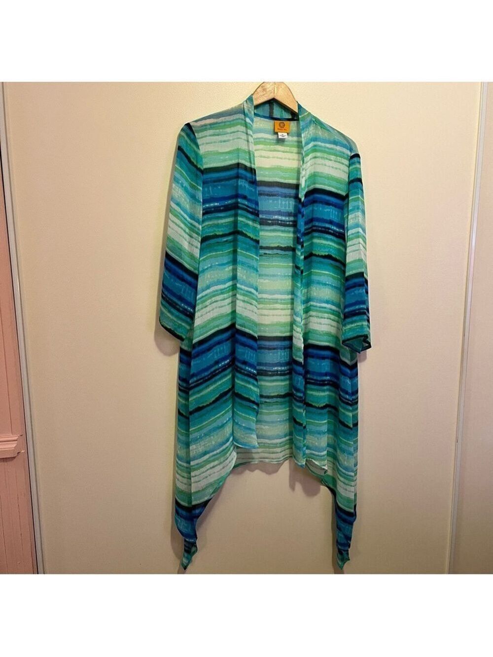 Ruby Rd Sheer Long Kimono Cardigan XL – Artsy Boho Ocean Stripes Resortwear
